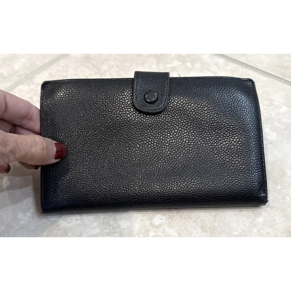 Chanel CC Logo Caviar Leather Bifold Wallet Black Gold Kiss Lock France*AS‎ IS
